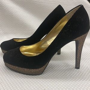 Black Suede & Gold Accent Heels